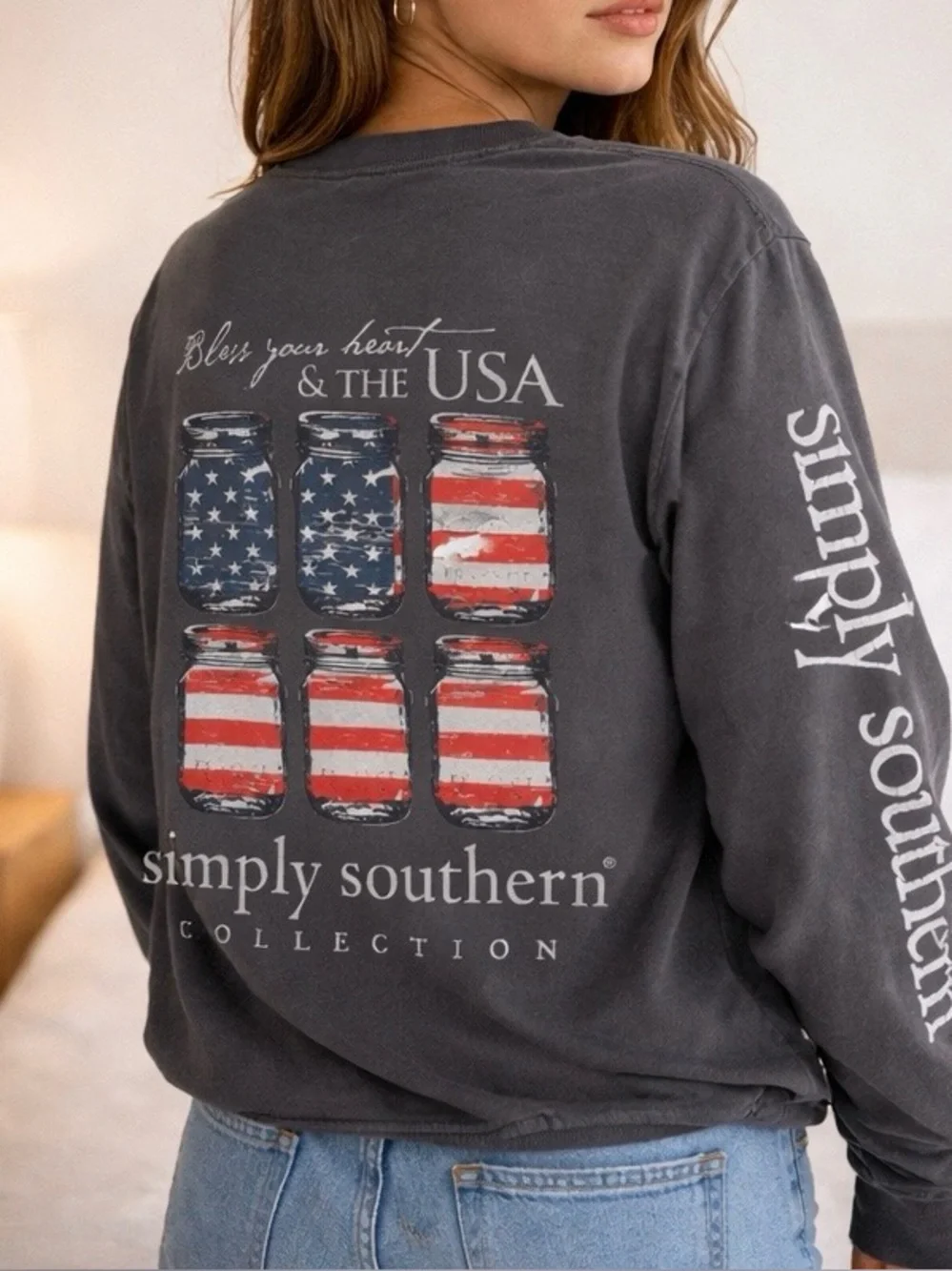 Simply Southern Charcoal Gray Long Sleeve Tee | USA Graphic Back - Picture 2 of 7